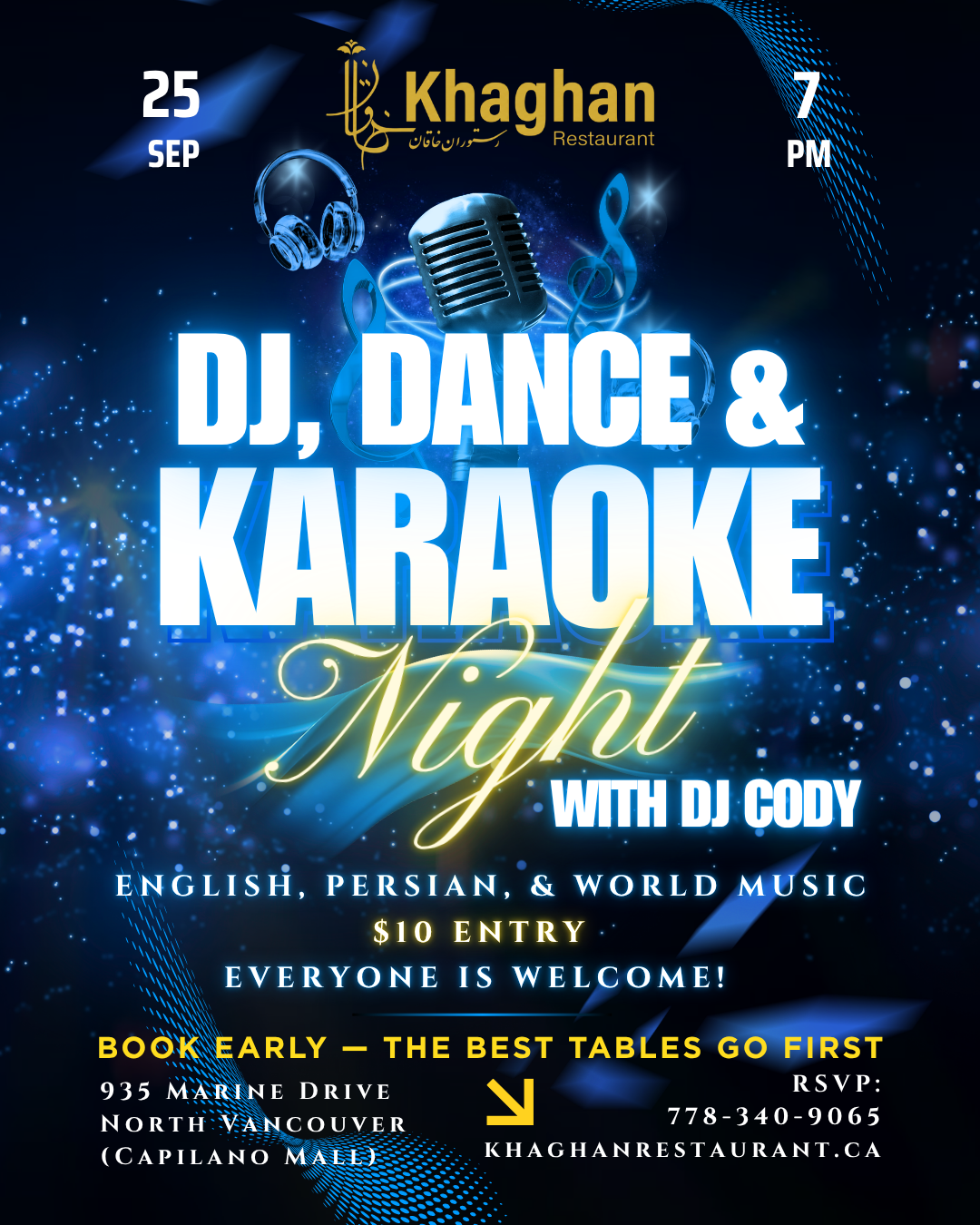 DJ, Dance & Karaoke Night poster for Khaghan Restaurant in North Vancouver on Friday, September 25 at 7:00 PM, featuring DJ Cody, English, Persian and world music, karaoke, dancing, $10 entry, and an everyone-welcome atmosphere.