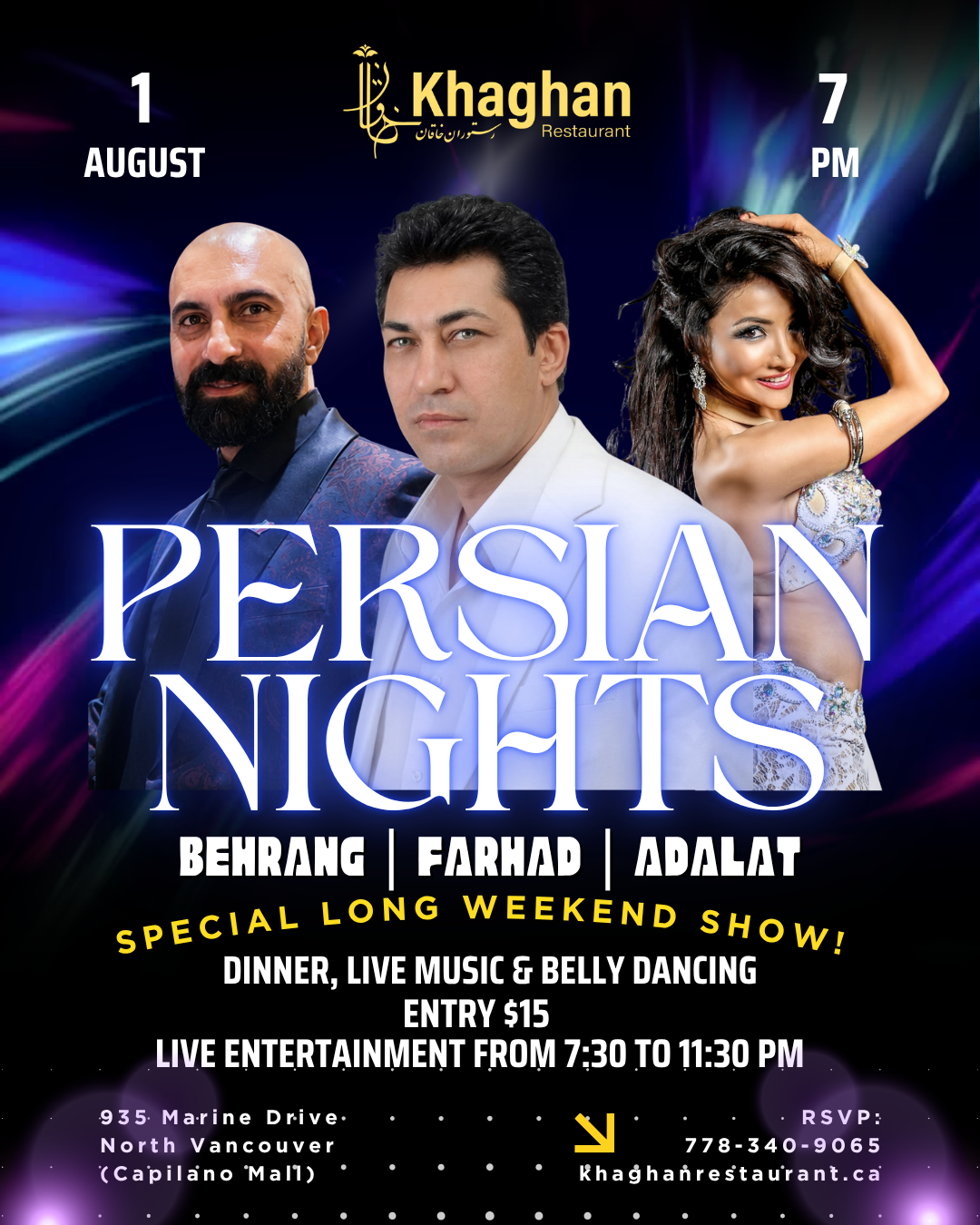 Persian Nights long weekend event poster for Khaghan Restaurant in North Vancouver on Friday, August 1 at 7:00 PM, featuring Behrang, Farhad, and Adalat with dinner, live Persian music, belly dancing, and $15 entry.