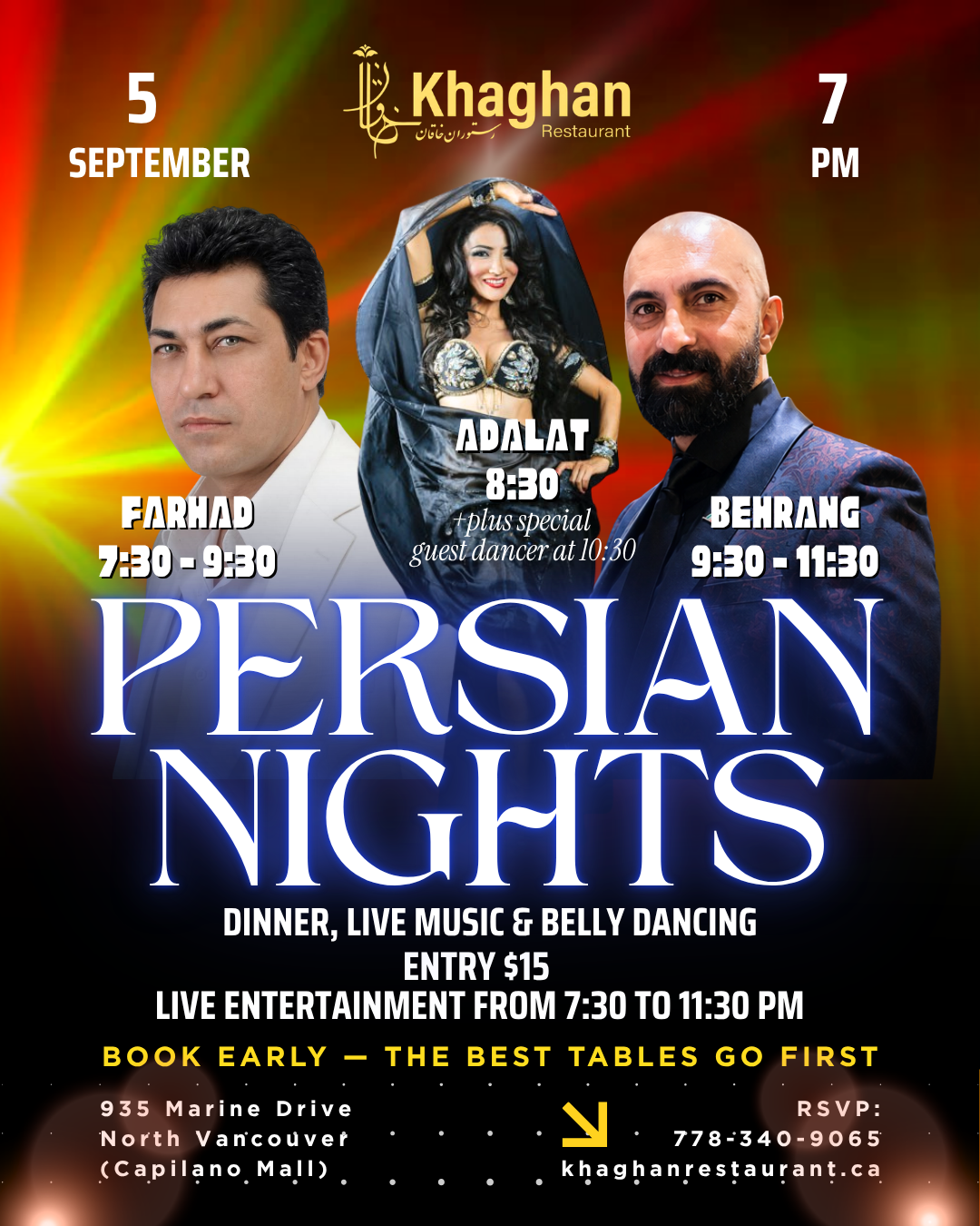 Persian Nights event poster for Khaghan Restaurant in North Vancouver on Saturday, September 5 at 7:00 PM, featuring Farhad, Behrang, Adalat, a special guest dancer, dinner, live Persian music, belly dancing, $15 entry, and early booking recommended.