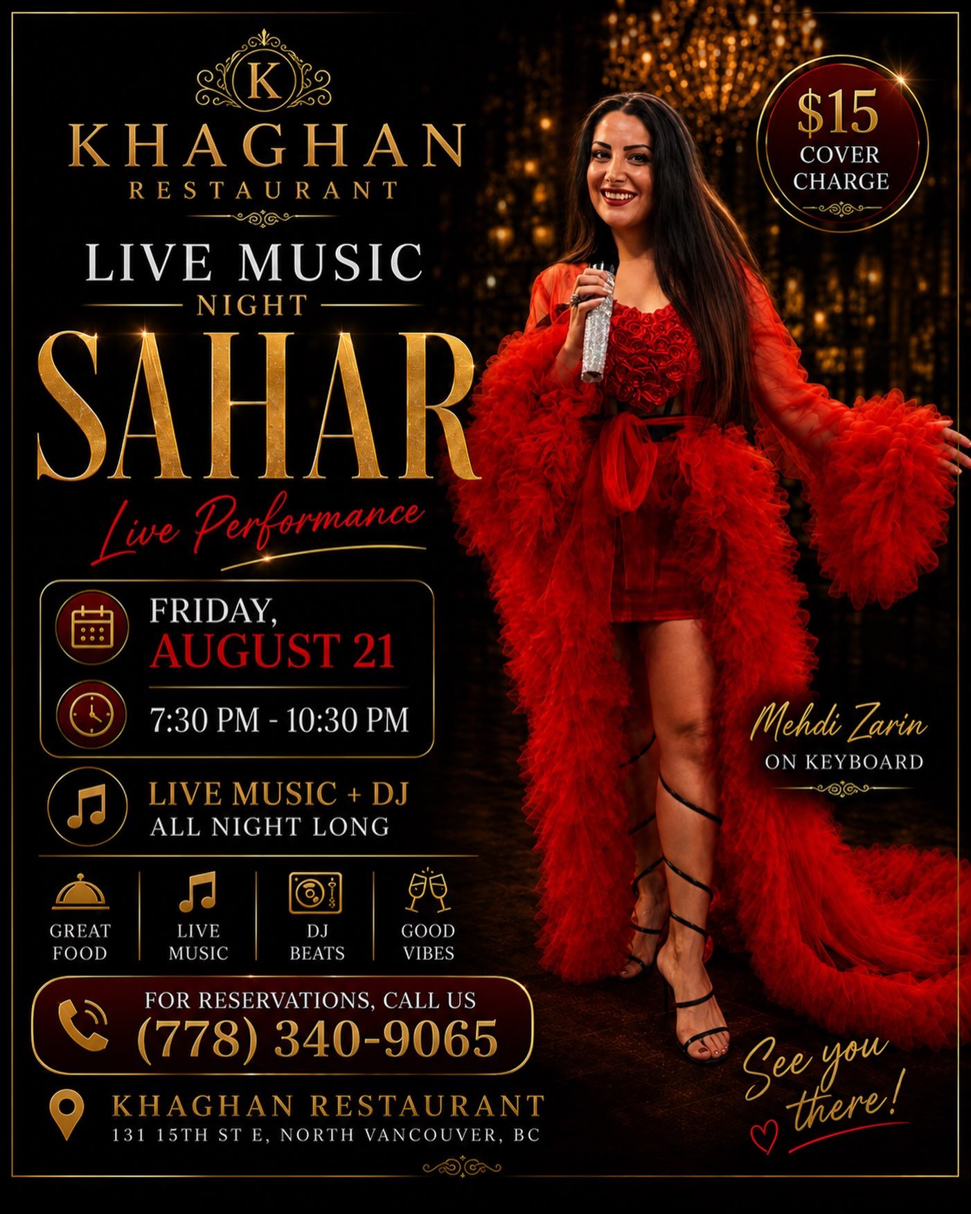 Sahar Live Music Night poster for Khaghan Restaurant in North Vancouver on Friday, August 21 from 7:30 PM to 10:30 PM, featuring a live performance by Sahar, keyboard by Mehdi Zarin, DJ beats, great food, good vibes, and a $15 cover charge.