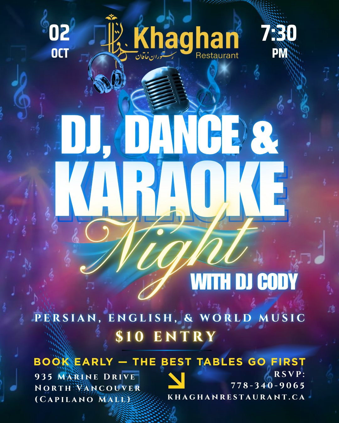 DJ, Dance & Karaoke Night event poster for Khaghan Restaurant in North Vancouver on Friday, October 2 at 7:30 PM, featuring DJ Cody, Persian, English and world music, karaoke, dancing, and $10 entry.