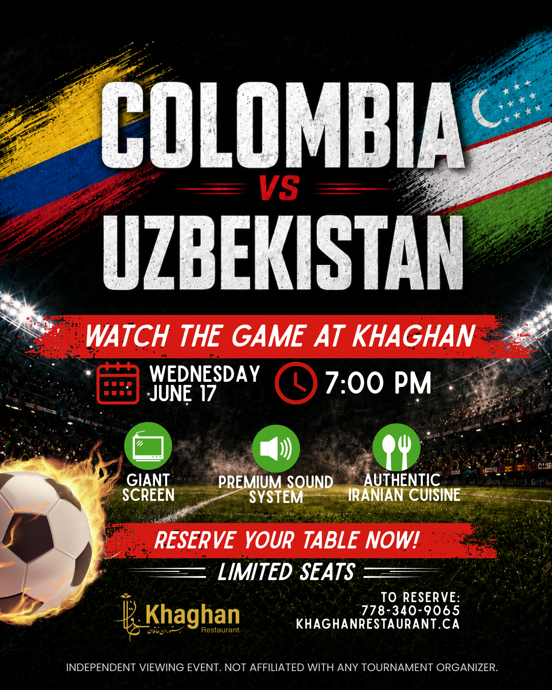Colombia vs Uzbekistan soccer watch party poster for Khaghan Restaurant in North Vancouver on Wednesday, June 17 at 7:00 PM, featuring giant screen viewing, premium sound, authentic Iranian cuisine, and limited seating.