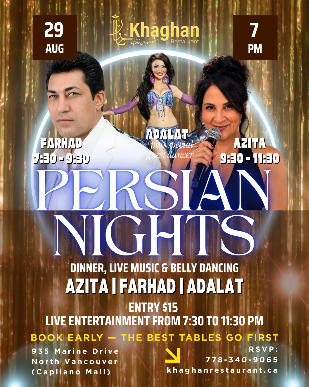 Persian Nights event poster for Khaghan Restaurant in North Vancouver on Saturday, August 29 at 7:00 PM, featuring Farhad, Azita, Adalat, a special guest dancer, dinner, live Persian music, belly dancing, $15 entry, and early booking recommended.