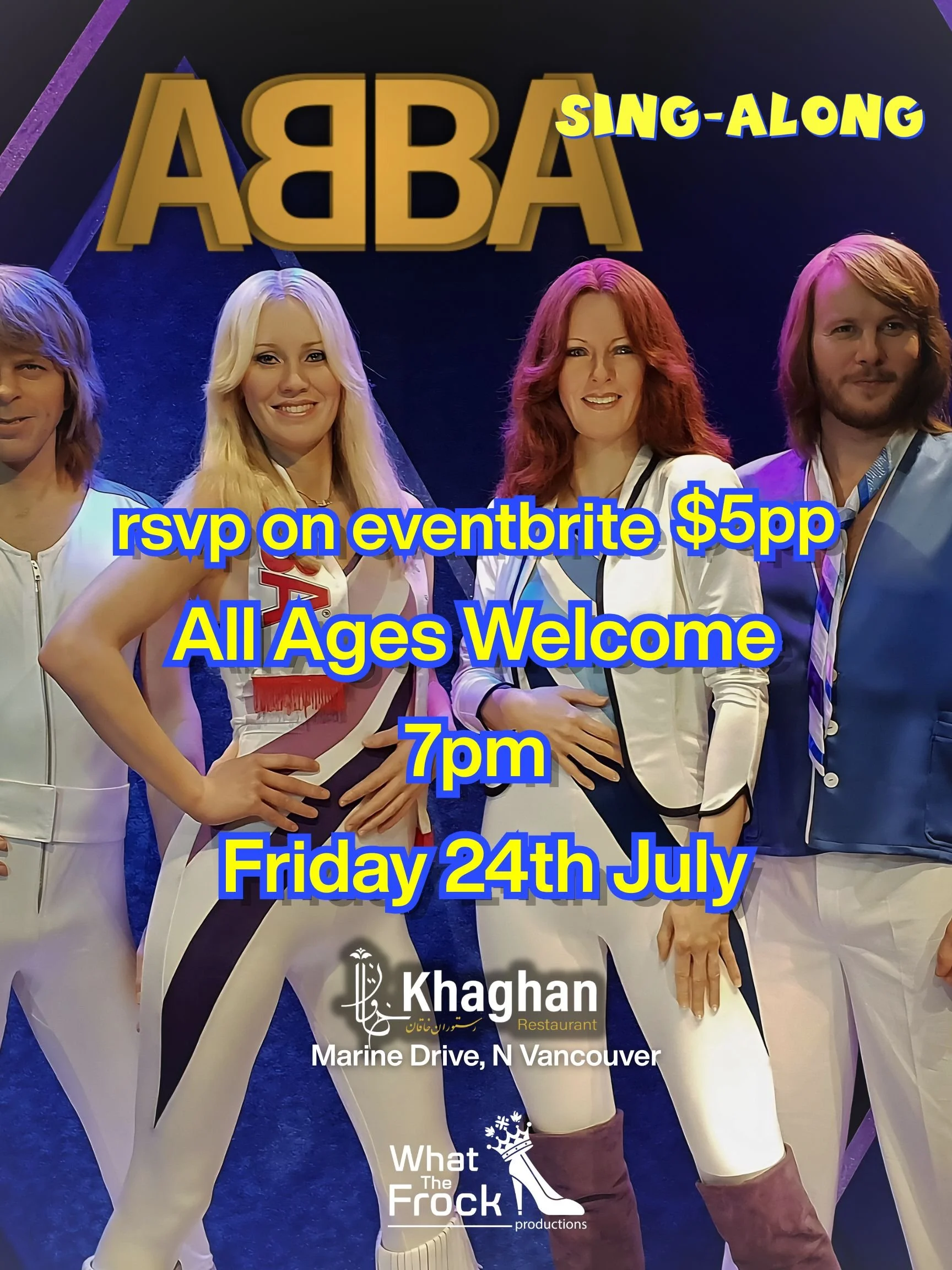 ABBA sing-along event poster for Khaghan Restaurant in North Vancouver on Friday, July 24 at 7:00 PM, promoting an all-ages music event with $5 RSVP on Eventbrite.