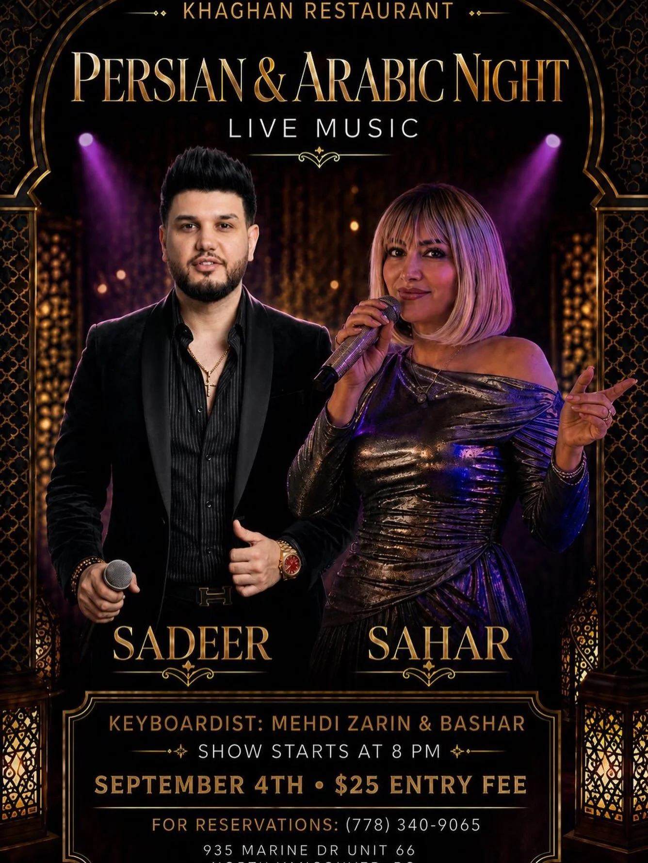Persian and Arabic Night poster for Khaghan Restaurant in North Vancouver on Friday, September 4, featuring live music by Sadeer and Sahar, keyboardists Mehdi Zarin and Bashar, an 8:00 PM show start, and a $25 entry fee.