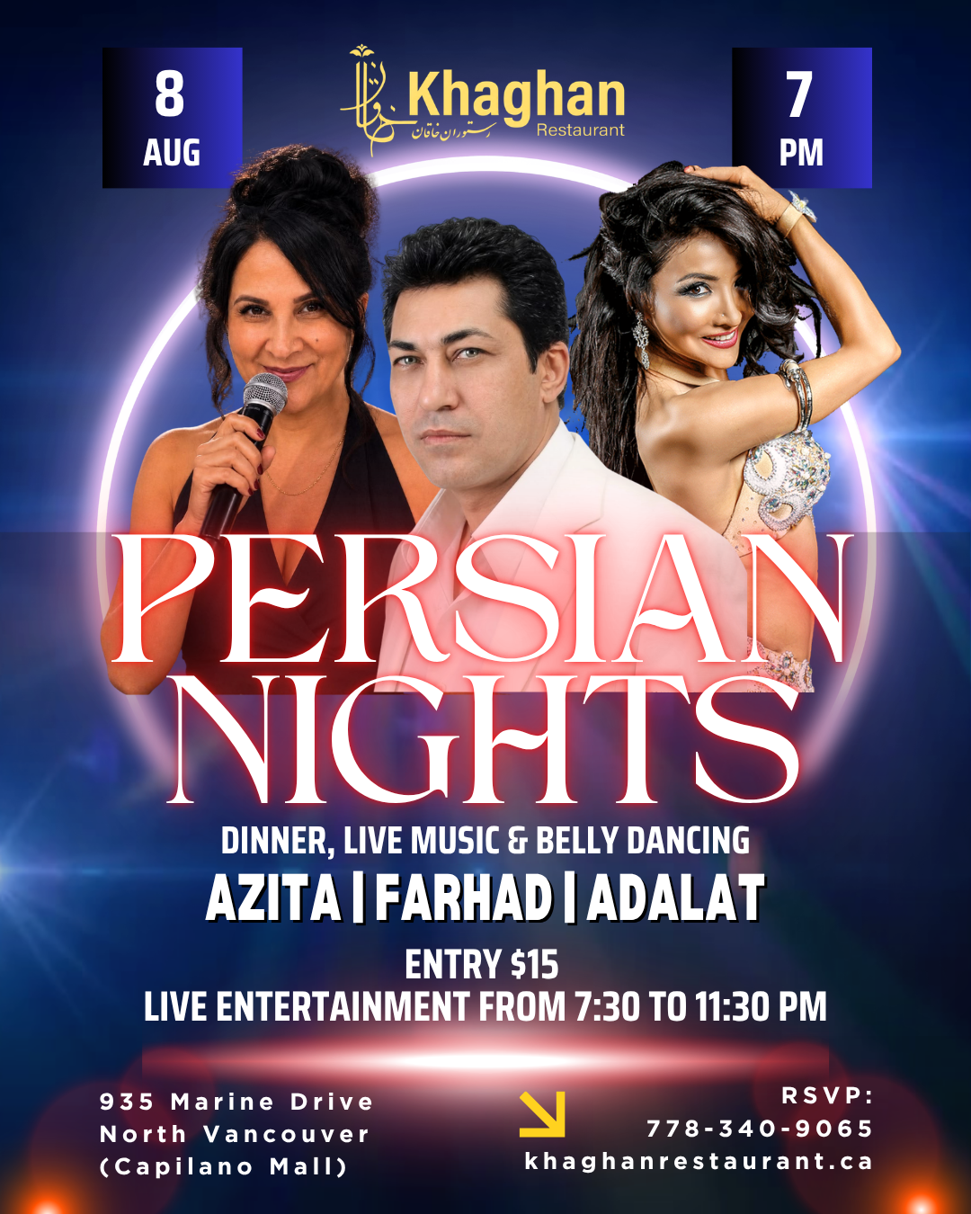 Persian Nights event poster for Khaghan Restaurant in North Vancouver on Saturday, August 8 at 7:00 PM, featuring Azita, Farhad, and Adalat with dinner, live Persian music, belly dancing, and $15 entry.