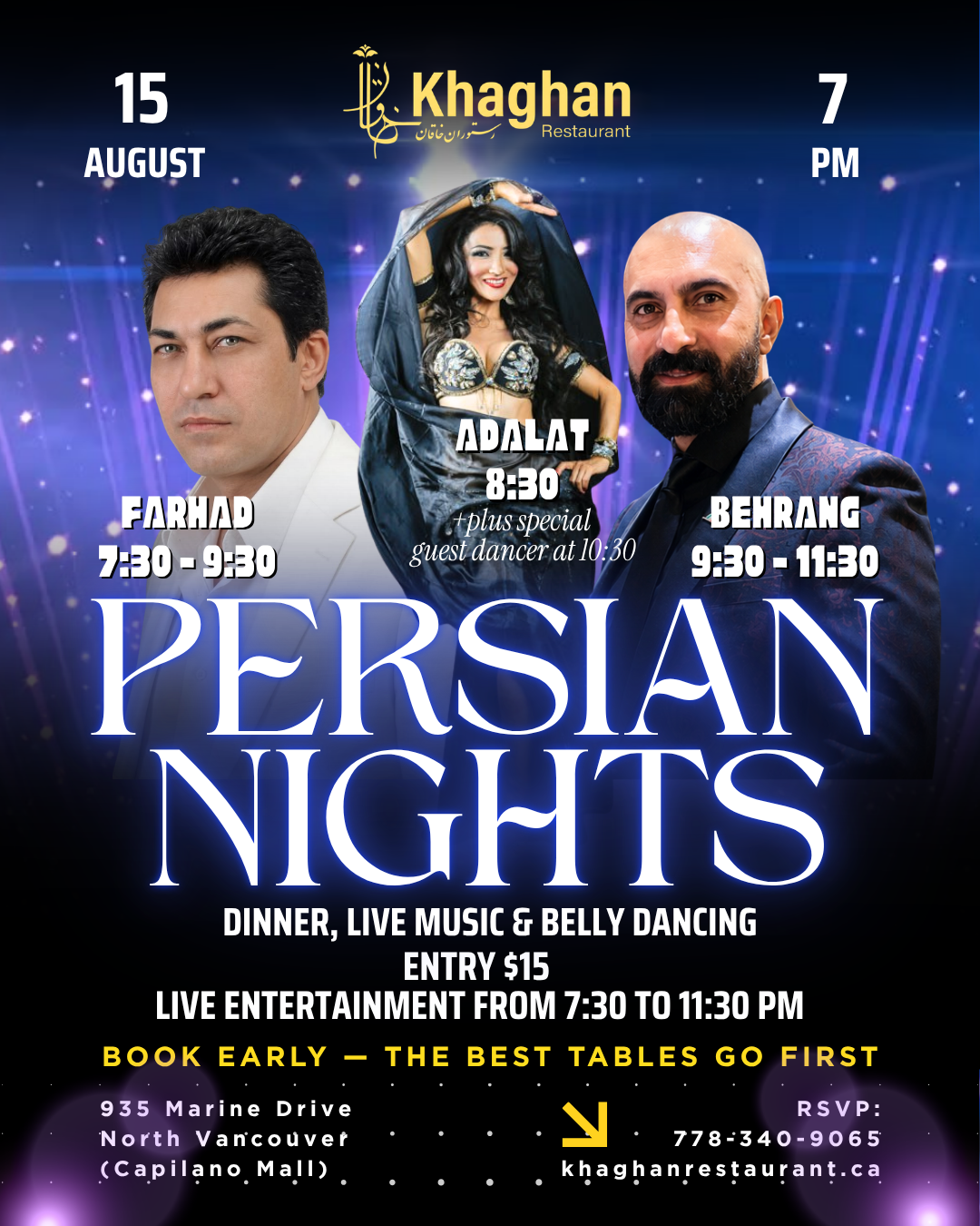 Persian Nights event poster for Khaghan Restaurant in North Vancouver on Saturday, August 15 at 7:00 PM, featuring Farhad, Behrang, Adalat, a special guest dancer, dinner, live Persian music, belly dancing, $15 entry, and early booking recommended.