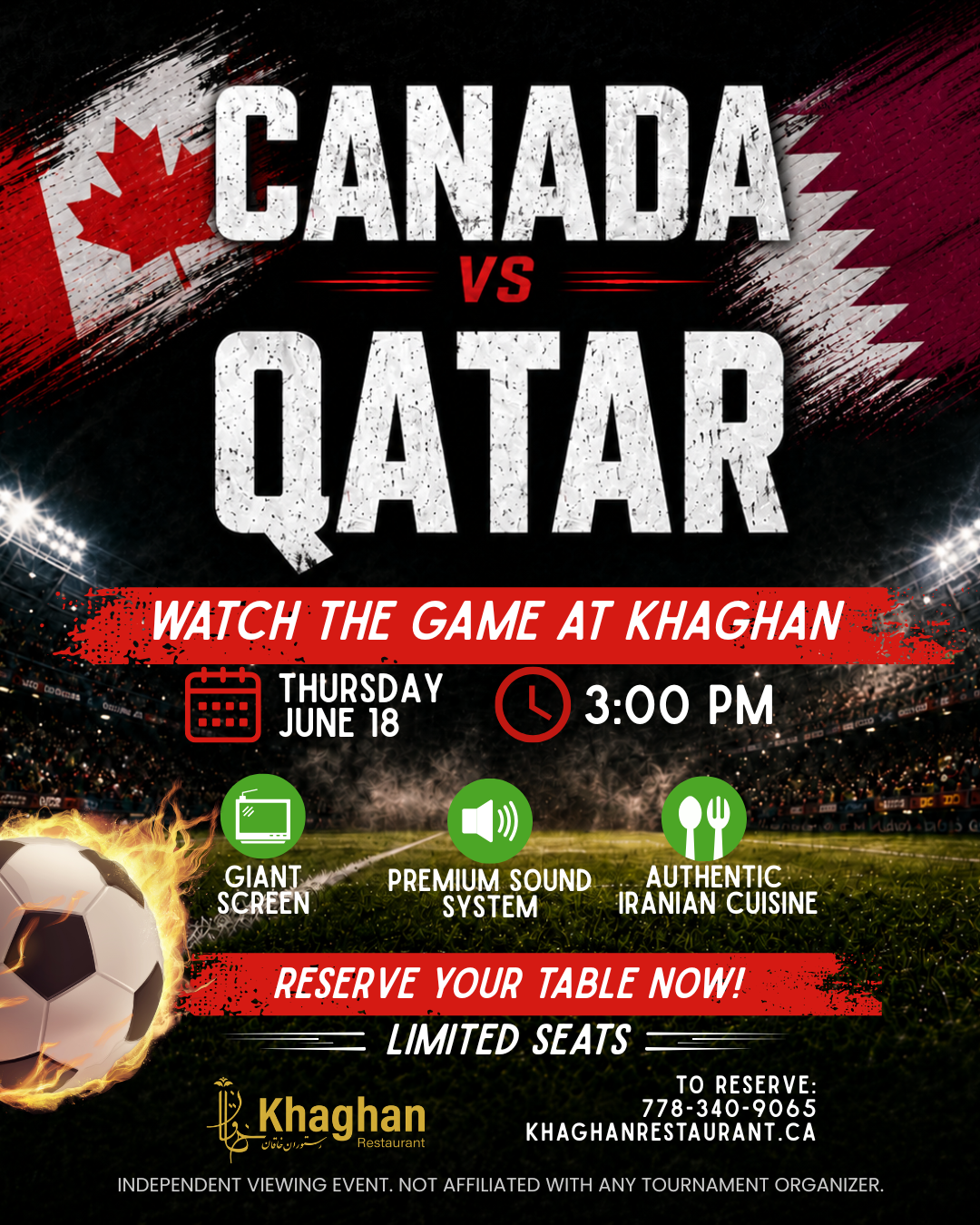 Canada vs Qatar soccer watch party poster for Khaghan Restaurant in North Vancouver on Thursday, June 18 at 3:00 PM, featuring giant screen viewing, premium sound, authentic Iranian cuisine, and limited seating.