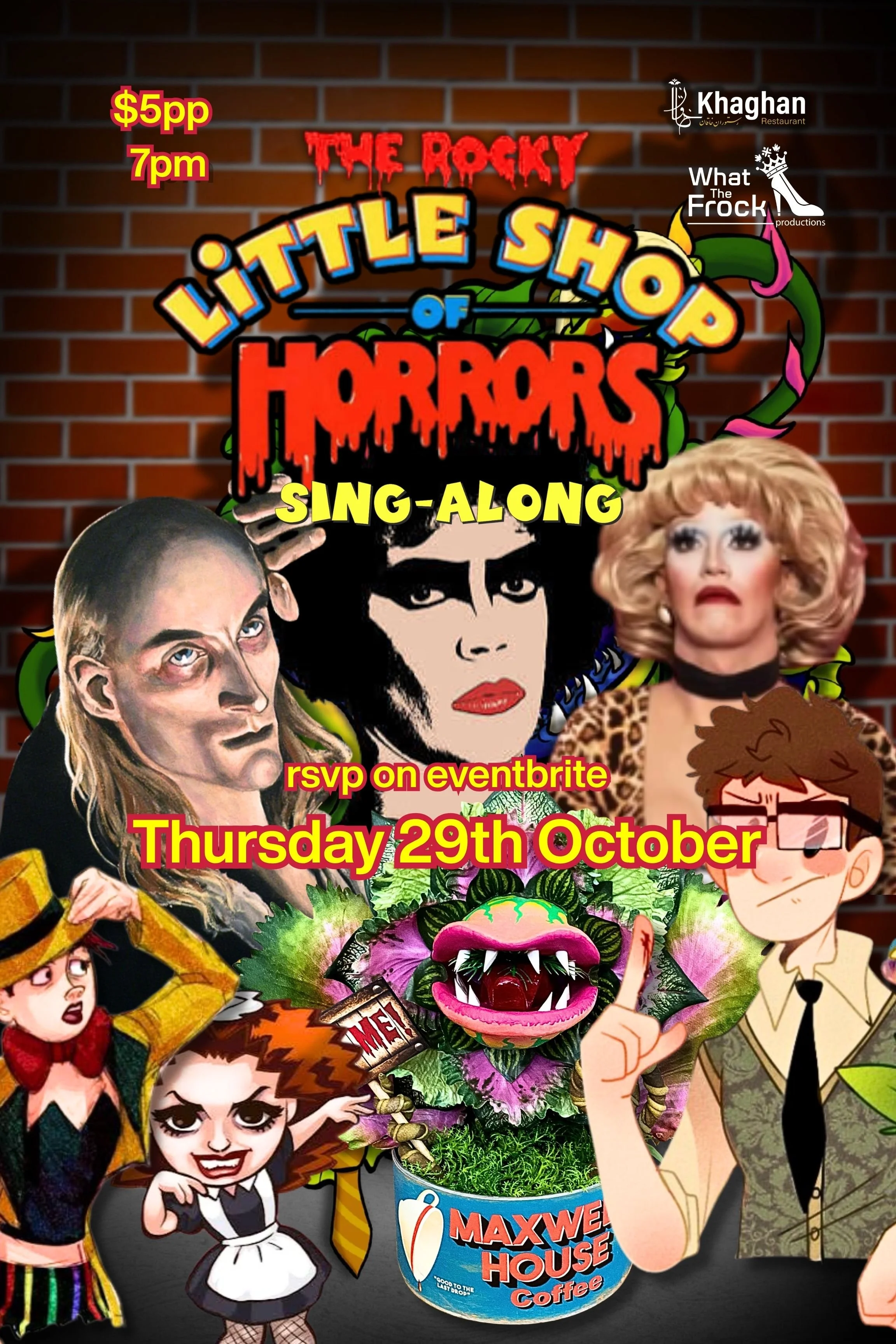 Rocky Horror and Little Shop of Horrors sing-along event poster for Khaghan Restaurant in North Vancouver on Thursday, October 29 at 7:00 PM, featuring a Halloween-themed musical sing-along with $5 admission and Eventbrite RSVP.