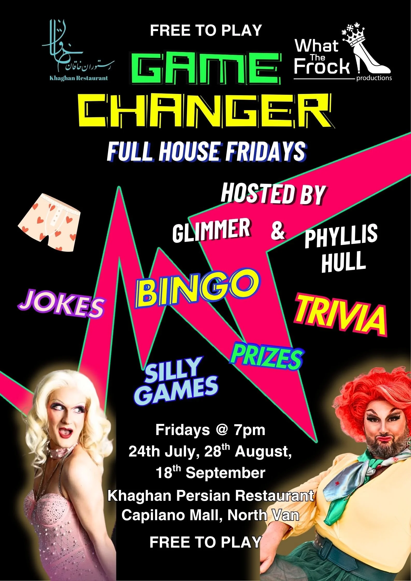 Game Changer event poster for Khaghan Restaurant in North Vancouver, promoting a free-to-play Friday night event with bingo, trivia, jokes, silly games, prizes, and drag hosts Glimmer and Phyllis Hull on August 28 at 7:00 PM.