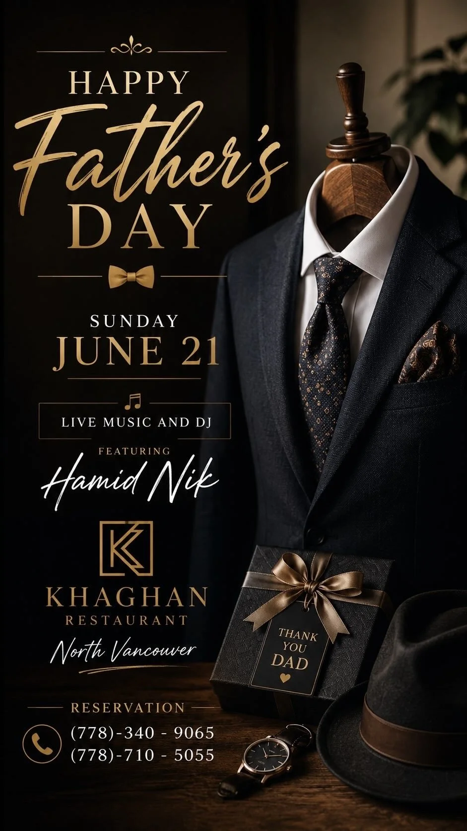 Father’s Day event poster for Khaghan Restaurant in North Vancouver on Sunday, June 21, featuring dinner, live music, and DJ entertainment by Hamid Nik with a $10 cover.