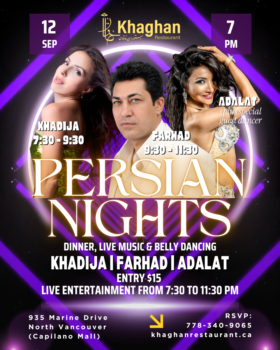 Persian Nights event poster for Khaghan Restaurant in North Vancouver on Saturday, September 12 at 7:00 PM, featuring Khadija, Farhad, Adalat, a special guest dancer, dinner, live Persian music, belly dancing, and $15 entry.