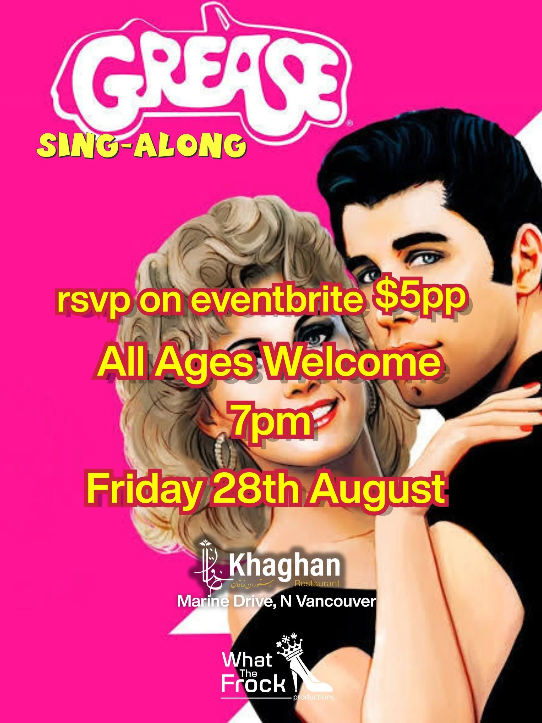 Grease sing-along event poster for Khaghan Restaurant in North Vancouver on Friday, August 28 at 7:00 PM, promoting an all-ages music event with $5 RSVP on Eventbrite.