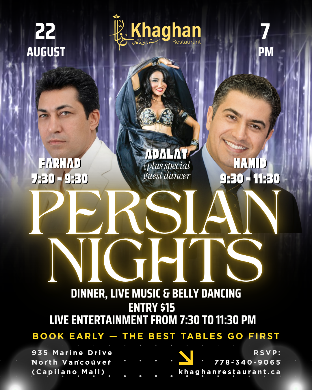 Persian Nights event poster for Khaghan Restaurant in North Vancouver on Saturday, August 22 at 7:00 PM, featuring Farhad, Hamid, Adalat, a special guest dancer, dinner, live Persian music, belly dancing, $15 entry, and early booking recommended.