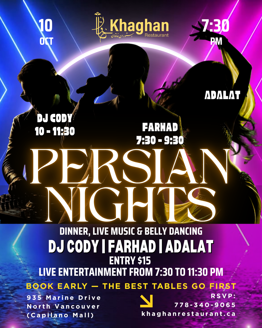 Persian Nights event poster for Khaghan Restaurant in North Vancouver on Saturday, October 10 at 7:30 PM, featuring Farhad, DJ Cody, Adalat, dinner, live Persian music, belly dancing, DJ entertainment, and a $15 entry fee.