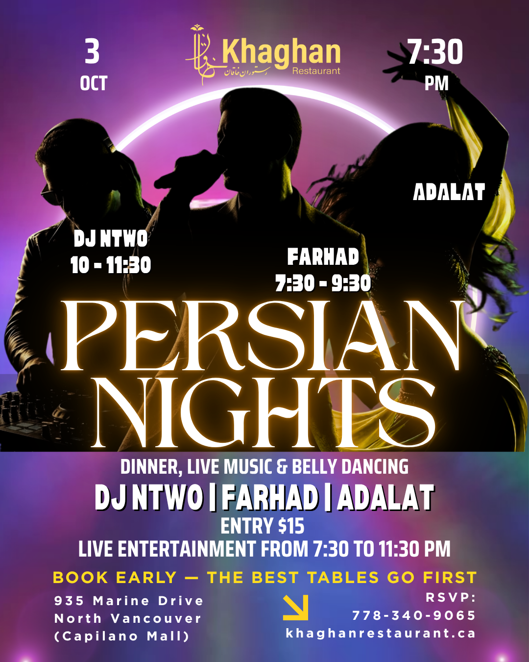 Persian Nights event poster for Khaghan Restaurant in North Vancouver on Saturday, October 3 at 7:30 PM, featuring Farhad, DJ NTWO, Adalat, dinner, live Persian music, belly dancing, DJ entertainment, and a $15 entry fee.