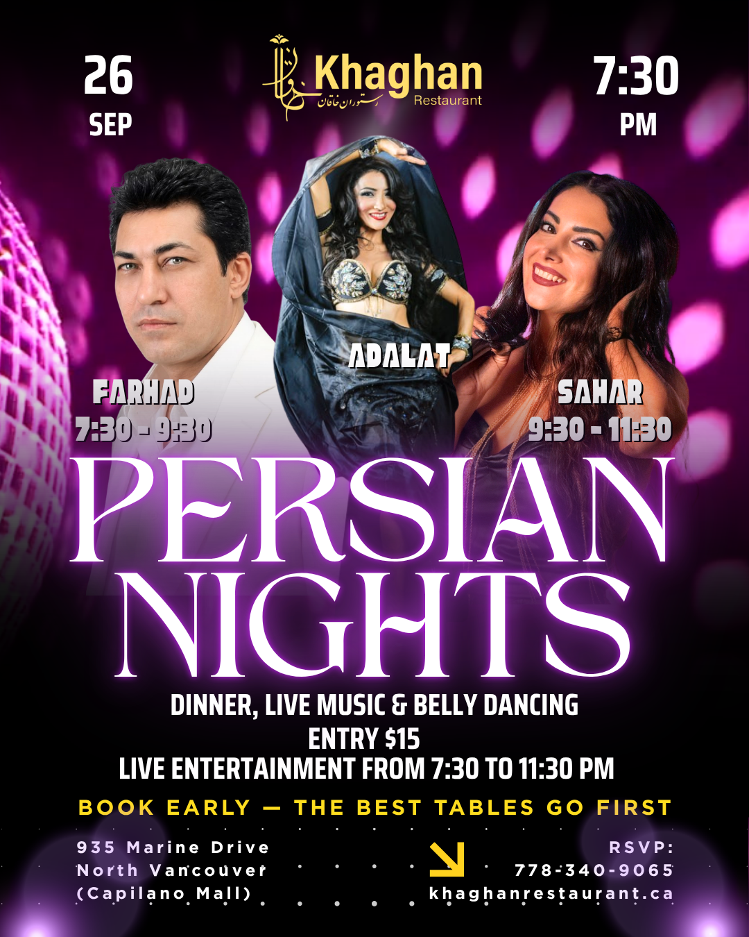 Persian Nights event poster for Khaghan Restaurant in North Vancouver on Saturday, September 26 at 7:30 PM, featuring Farhad, Sahar, Adalat, dinner, live Persian music, belly dancing, and a $15 entry fee.