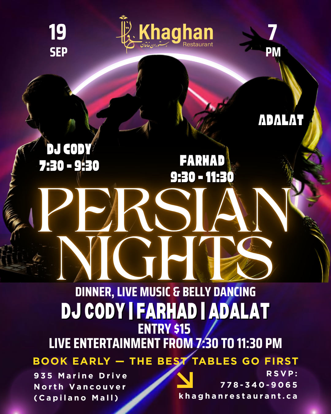 Persian Nights event poster for Khaghan Restaurant in North Vancouver on Saturday, September 19 at 7:00 PM, featuring DJ Cody, Farhad, Adalat, dinner, live music, belly dancing, and a $15 entry fee.