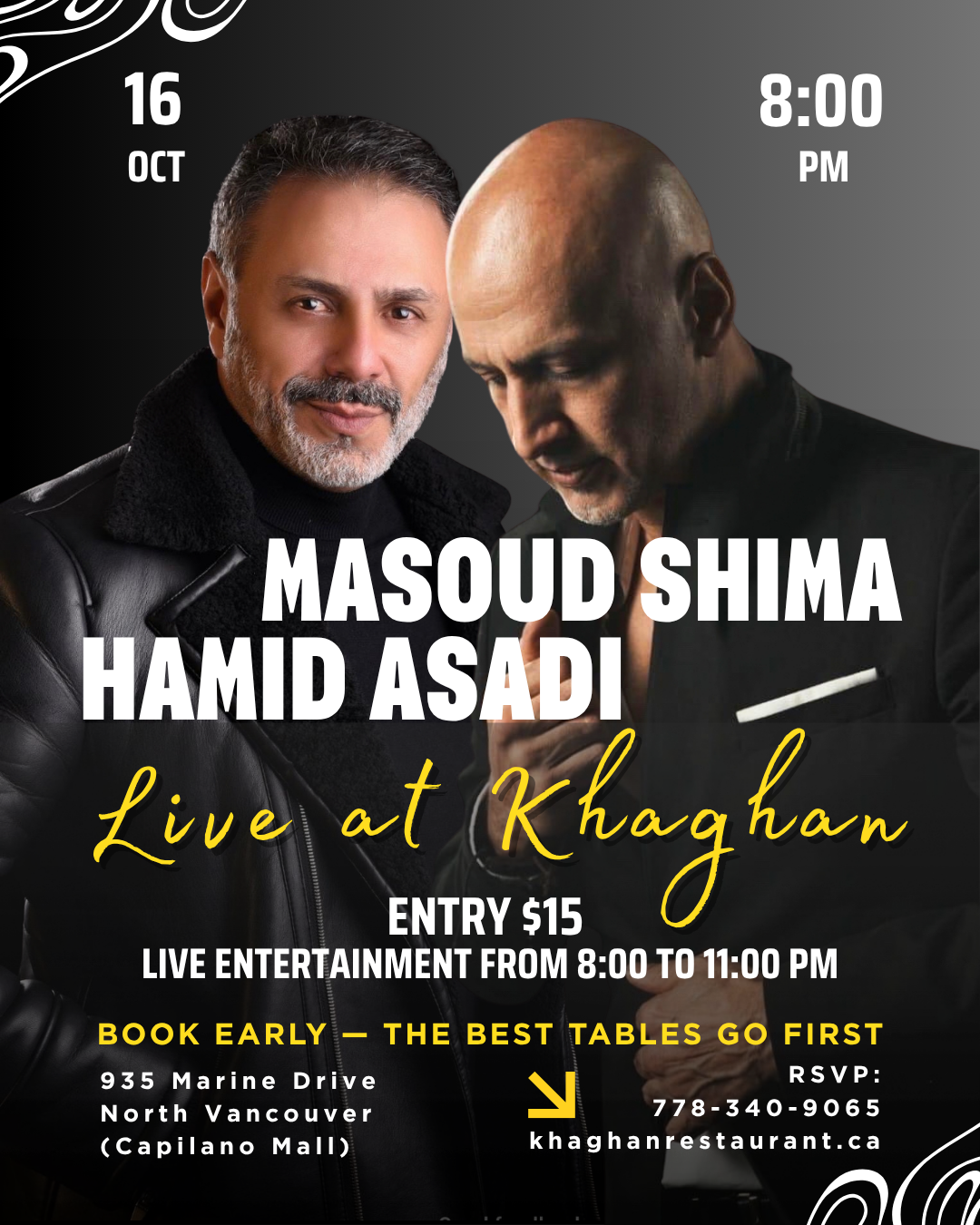 Masoud Shima and Hamid Asadi live music event poster for Khaghan Restaurant in North Vancouver on Friday, October 16 at 8:00 PM, featuring live Persian entertainment from 8:00 to 11:00 PM and a $15 entry fee.