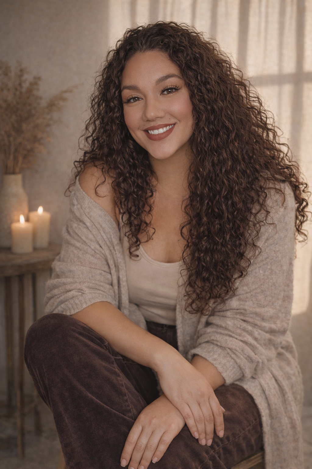 A woman with long, curly brown hair smiling in a cozy room with candles and dried plants in the background.
