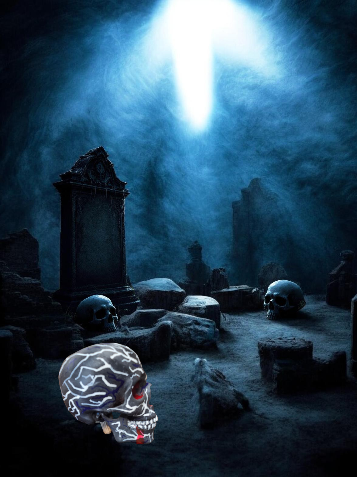 Dark, eerie scene of a graveyard with tombstones and skulls, lit by a mysterious bright light from above.