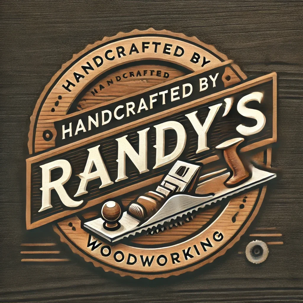 Wooden sign for Randy's Woodworking, labeled 'Handcrafted by Randy's' with a saw and hand plane illustration.