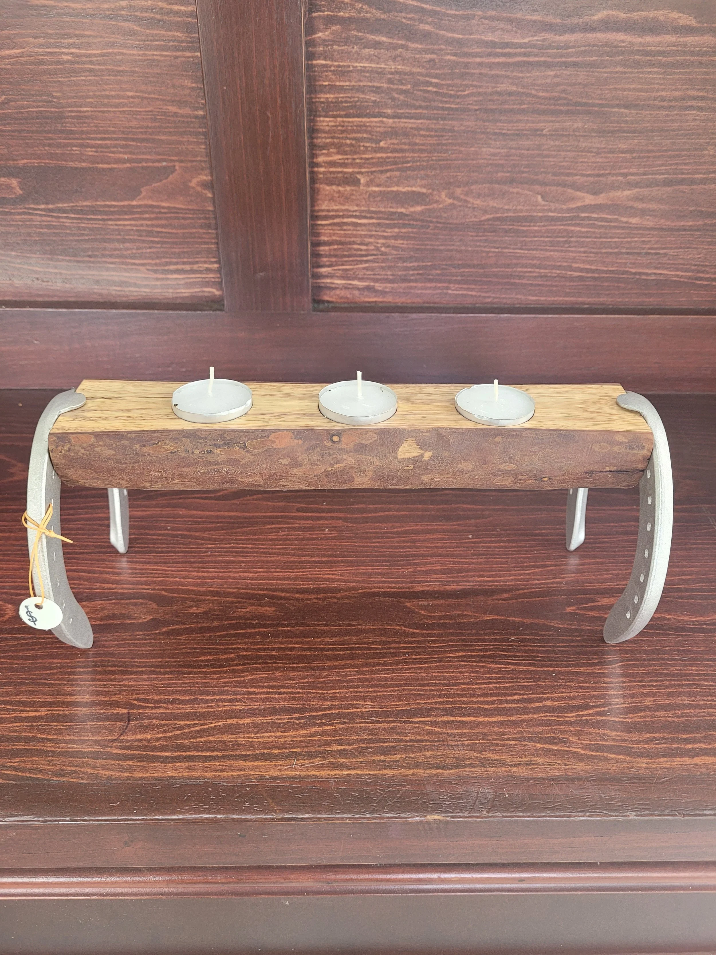 Wooden Candle Holder With Horse Shoes