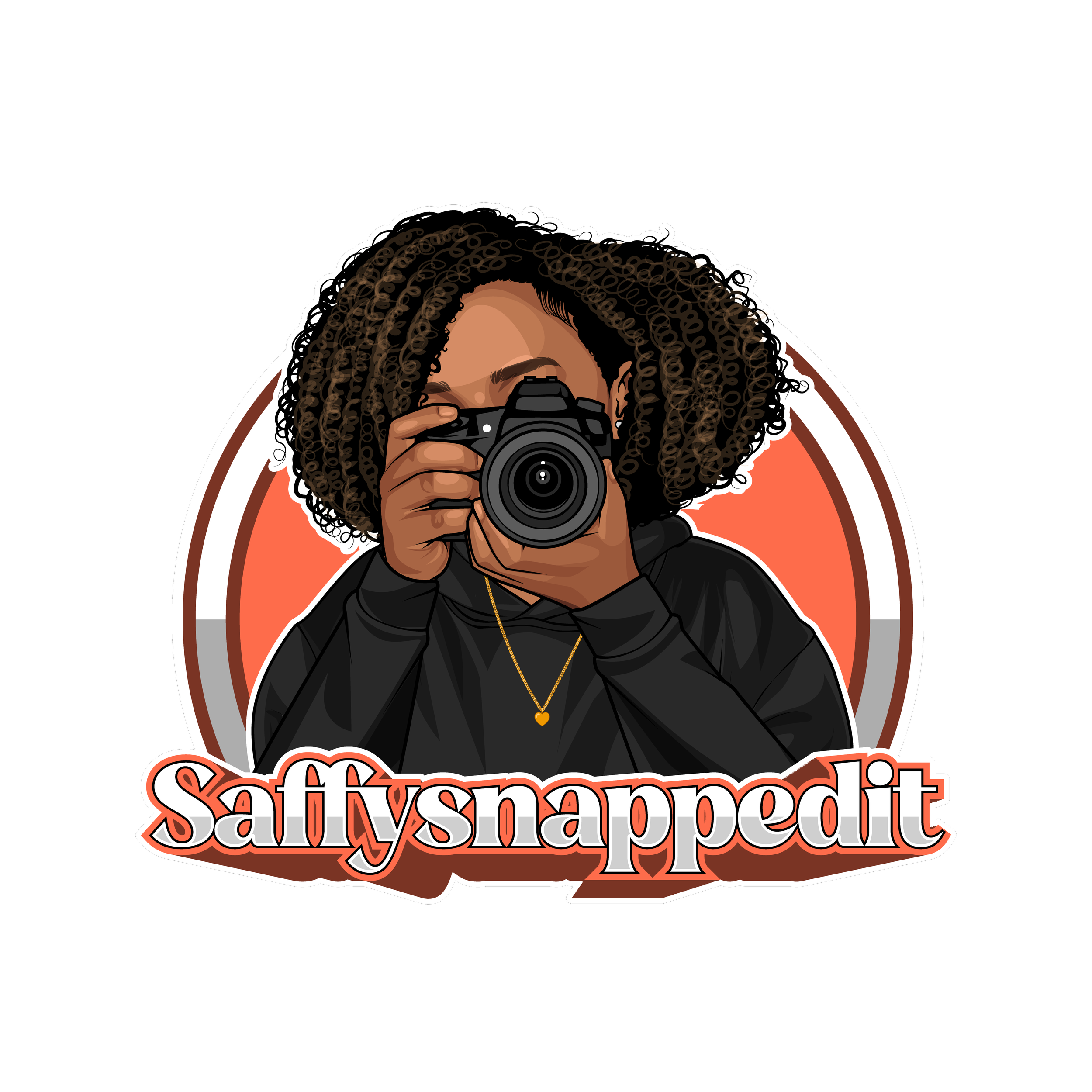 A woman with curly hair taking a photo with a camera, wearing a black hoodie and gold necklace, with a graphic logo 'saffysnappedit' below and a circular orange and white background.