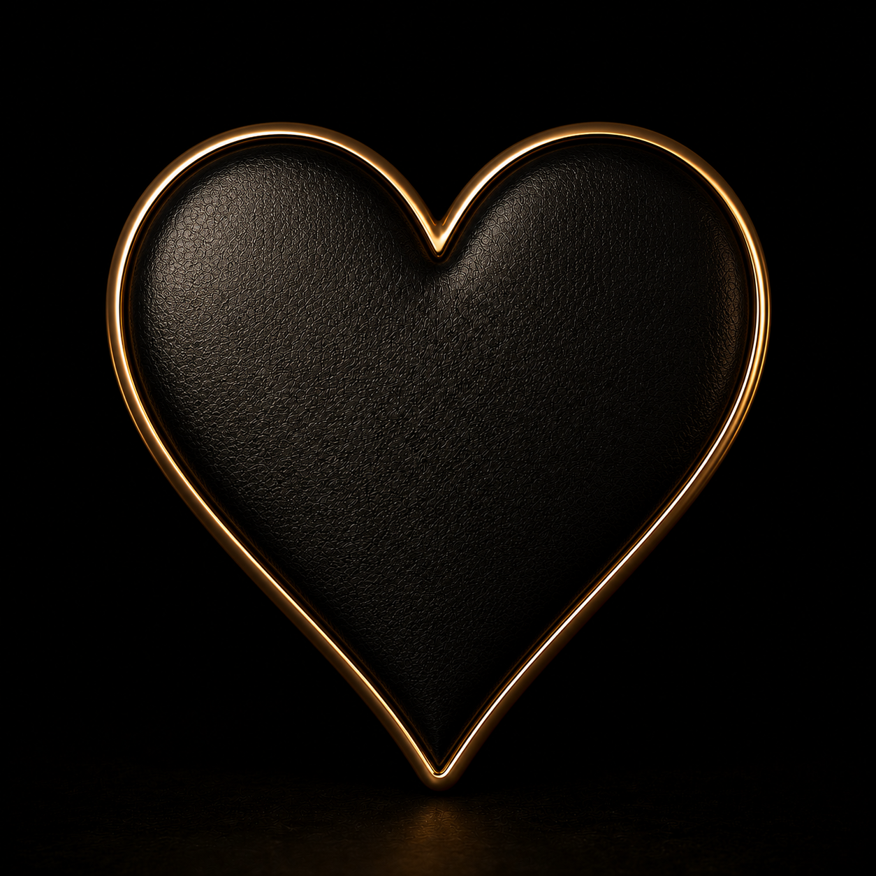 A black heart-shaped object with a textured surface, outlined by a glowing gold or warm light against a black background.