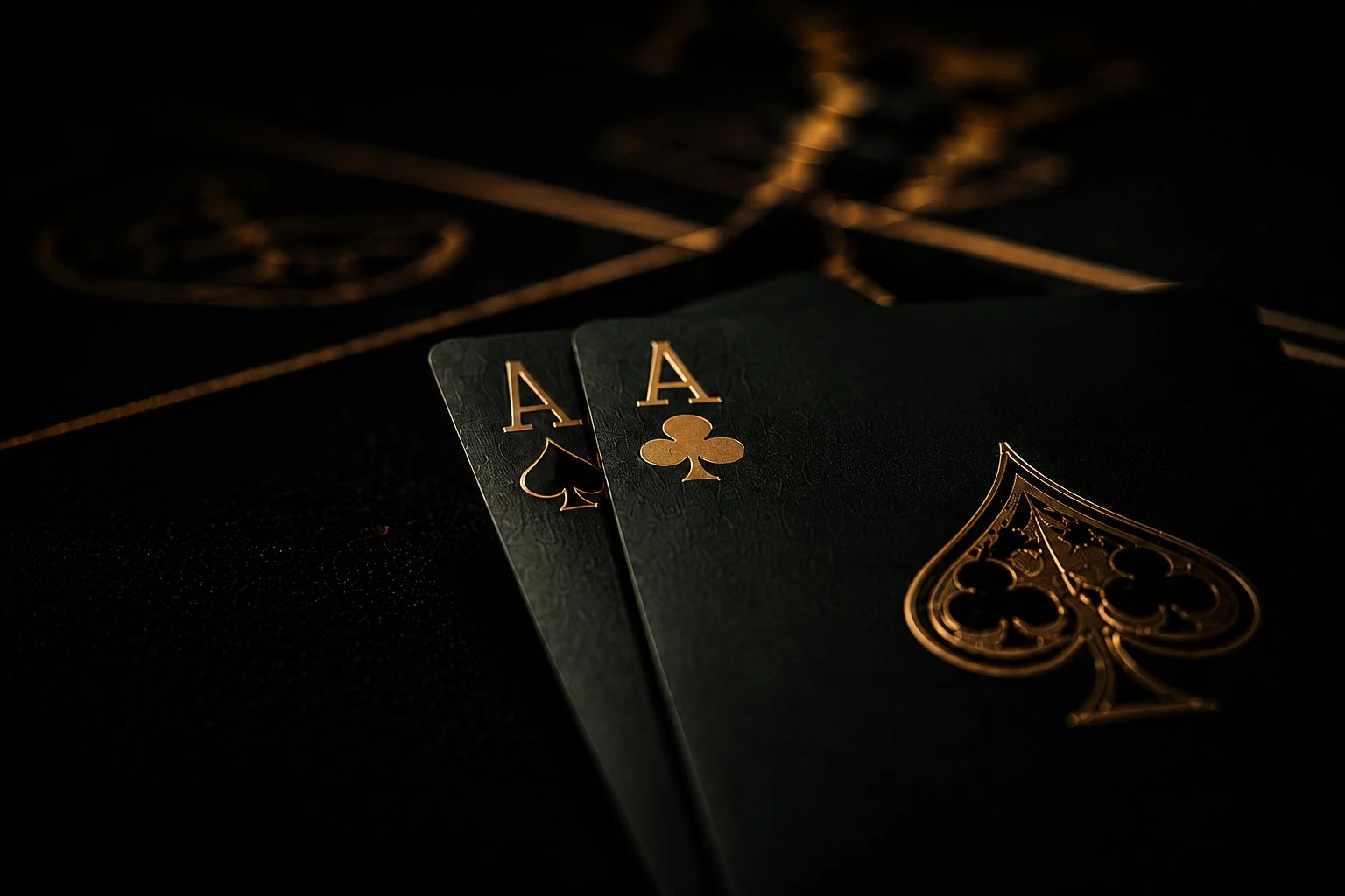 Two black playing cards with gold detailing, showing two aces, one of spades and one of clubs, on a dark surface with matching black and gold design elements.
