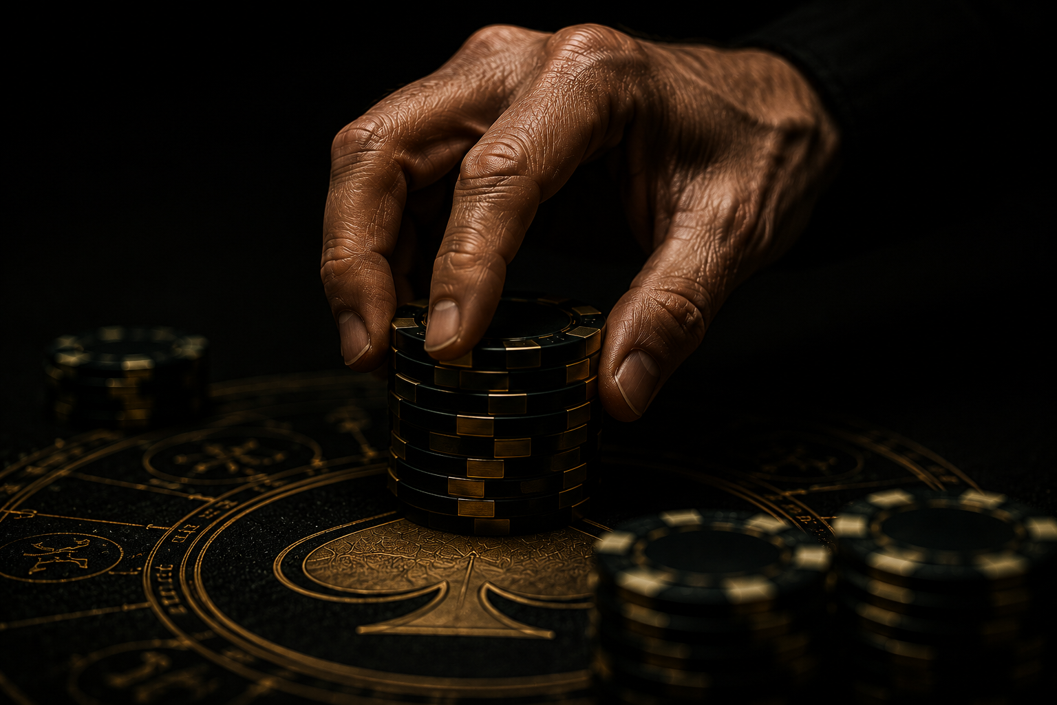 Close-up of a hand stacking black and gold poker chips on a black and gold table with intricate designs