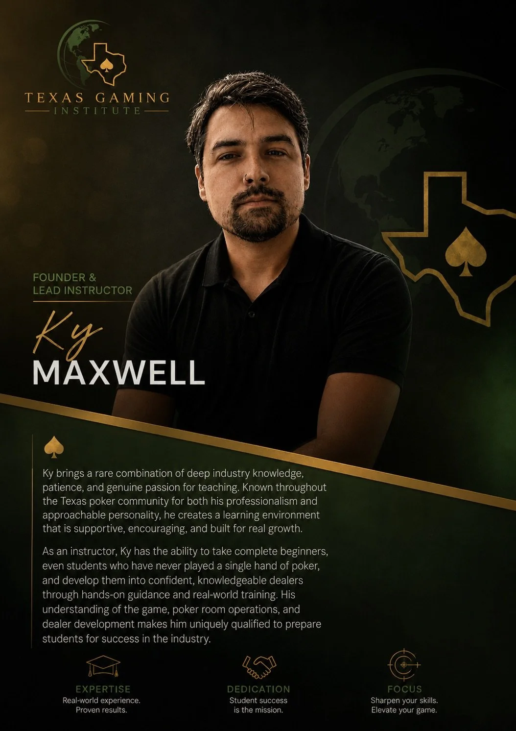 Poster featuring Ky Maxwell, founder and lead instructor of Texas Gaming Institute. The poster includes a photo of Ky Maxwell, a Texas map with a spade symbol, and descriptions of his expertise, dedication, and focus on poker training.
