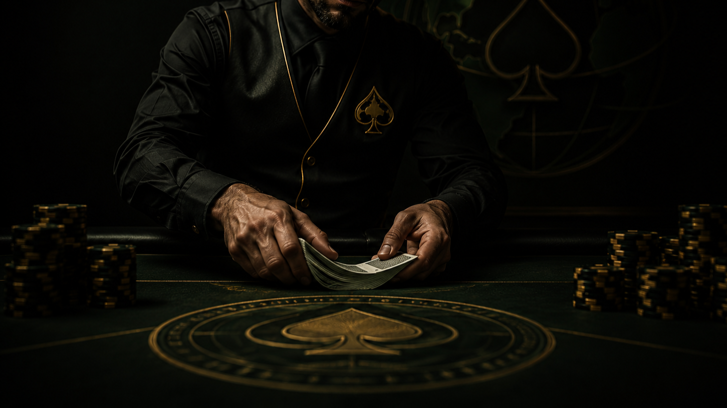 A person in a black shirt with a gold spade symbol is sitting at a blackjack table with chips, holding a deck of playing cards.
