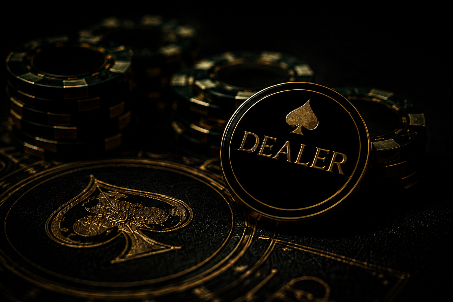 Close-up of black and gold casino chips with one chip labeled 'DEALER' with a spade symbol on it, on a dark background.