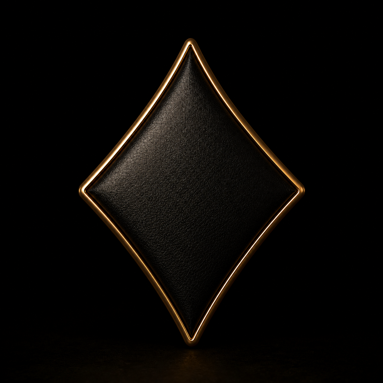 A black textured leather diamond-shaped object with a glowing gold outline, set against a black background.