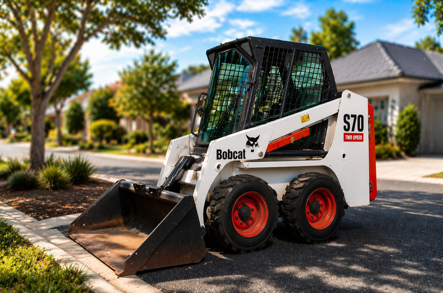 Sunny suburban street with Bobcat loader.png