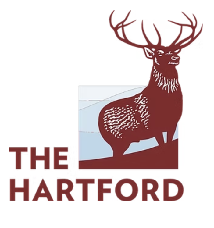 A logo with a maroon-colored drawing of a reindeer with large antlers, standing on a hill, with the text 'The Hartford' in bold maroon letters beneath it.