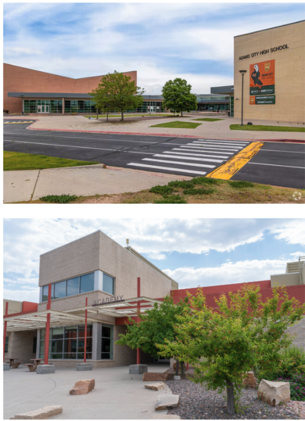 Exterior view of two high schools, one with a modern brick facade and large windows, the other with a concrete and red accents, surrounded by trees and open space.