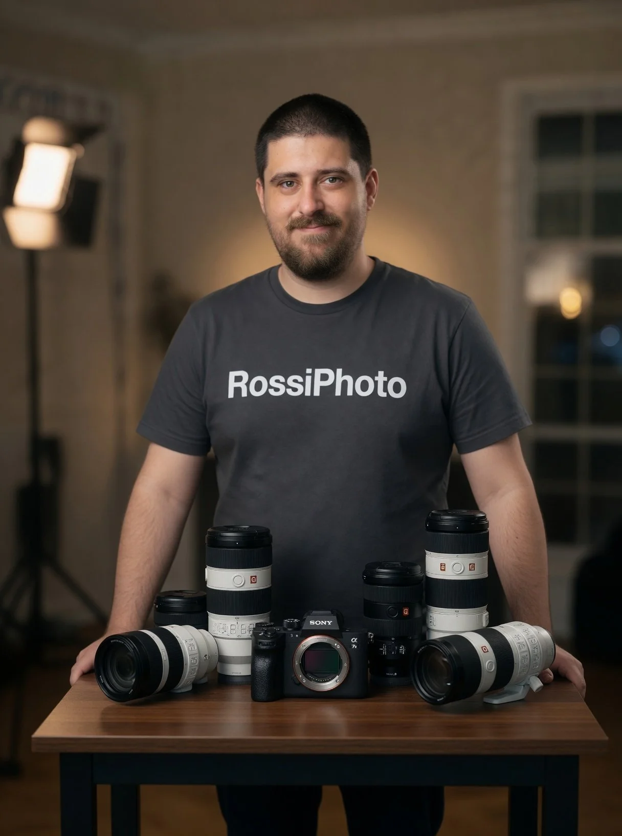 A man wearing a RossiPhoto t-shirt standing behind a wooden table with professional camera lenses and a Sony camera in a photography studio.