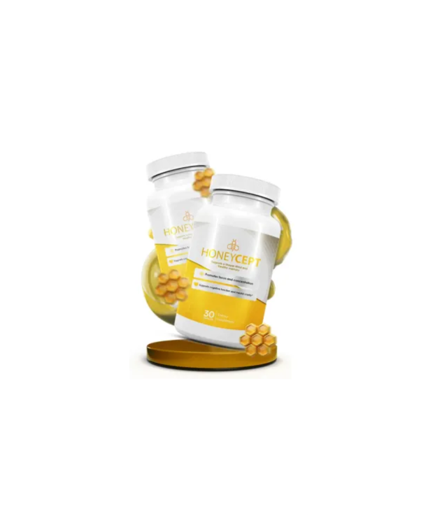 Two bottles of HONEYCEPT dietary supplement with honeycomb graphics and a yellow circular element on a white background.