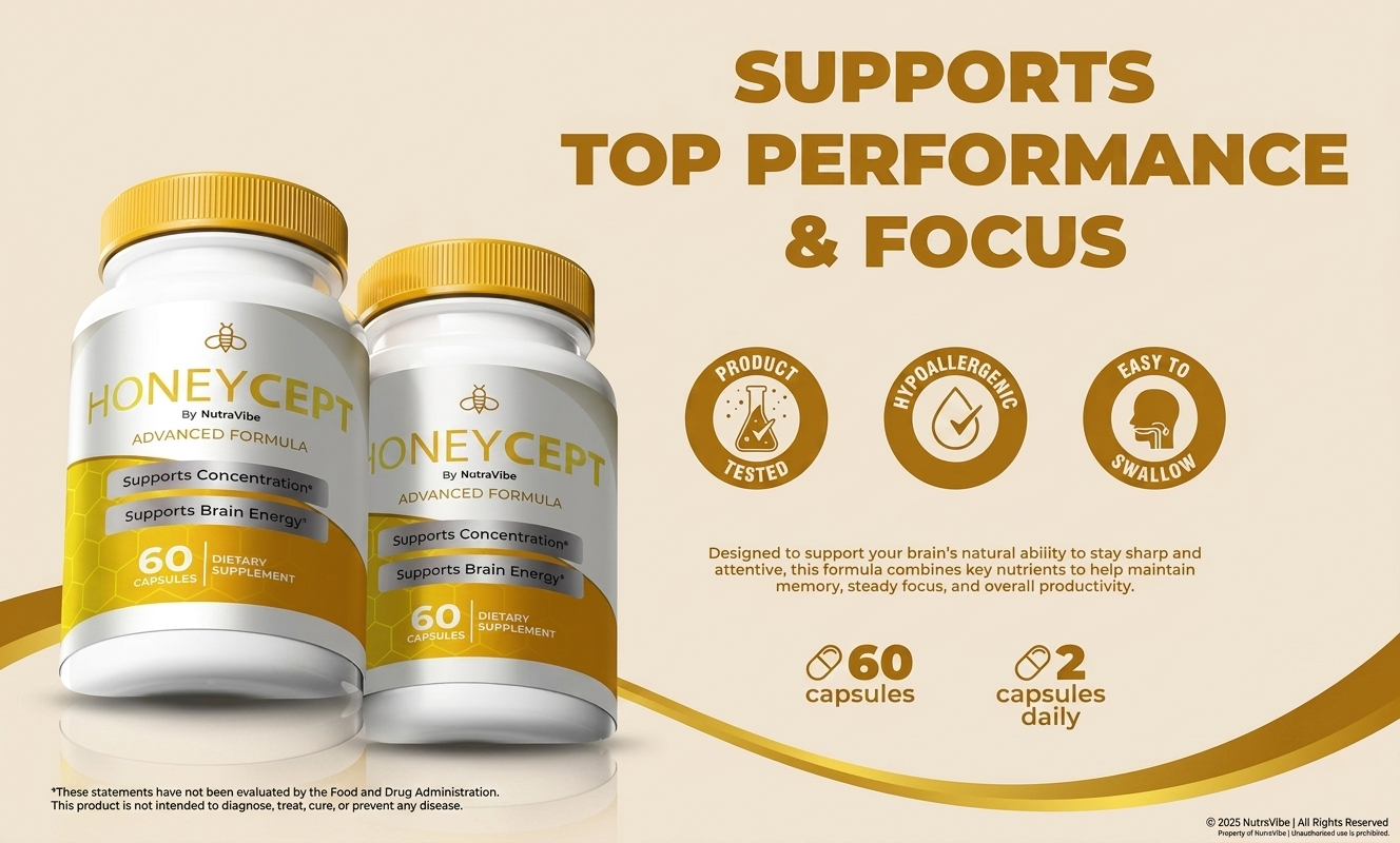 Two bottles of HoneyCcept dietary supplement with a label indicating 60 capsules each, supporting concentration and brain energy, with text highlighting its benefits for top performance and focus.