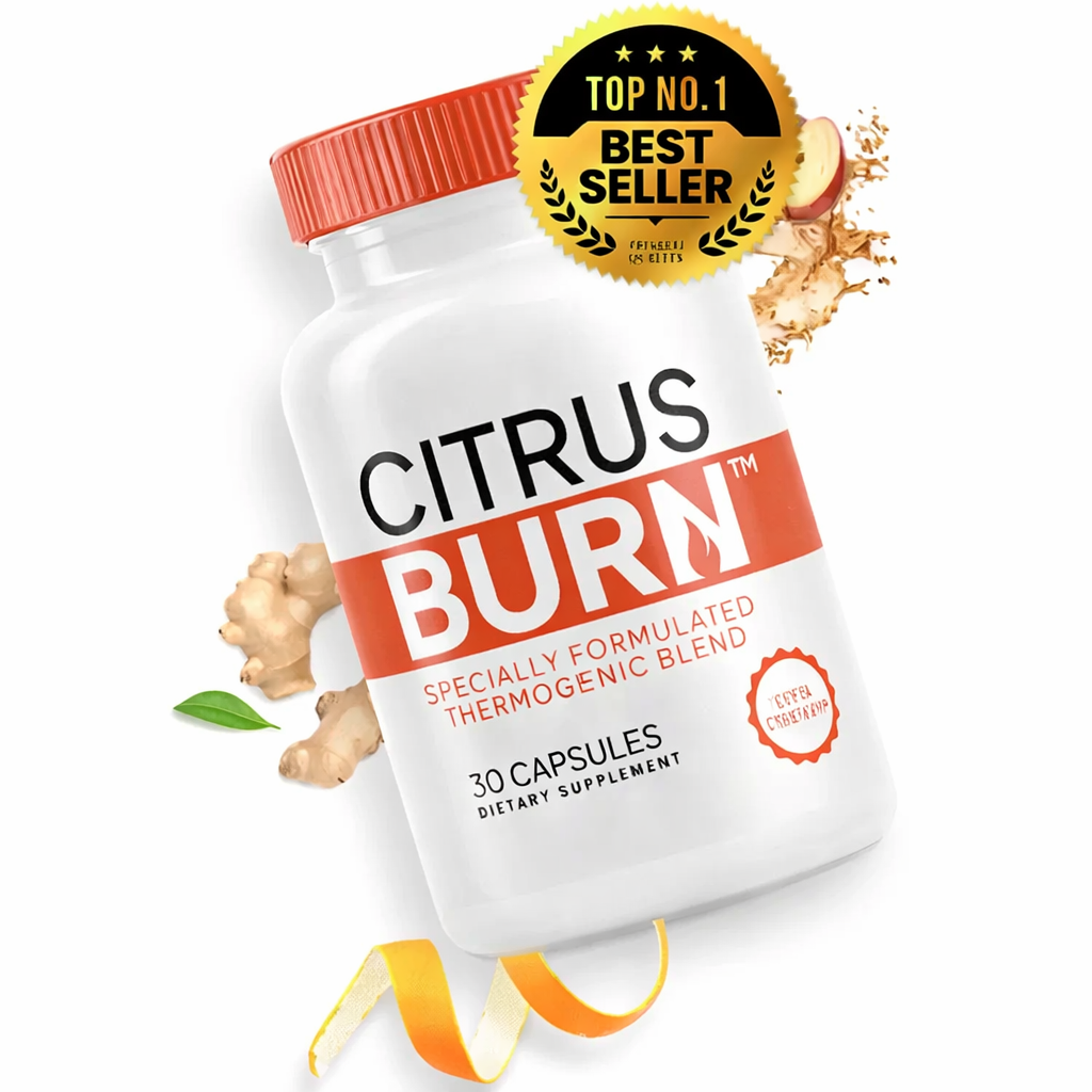 A white bottle labeled Citrus Burn dietary supplement with an orange cap and a red label, surrounded by ginger root, a lime leaf, and citrus peel slices, with a gold 'Top No.1 Best Seller' badge on top.