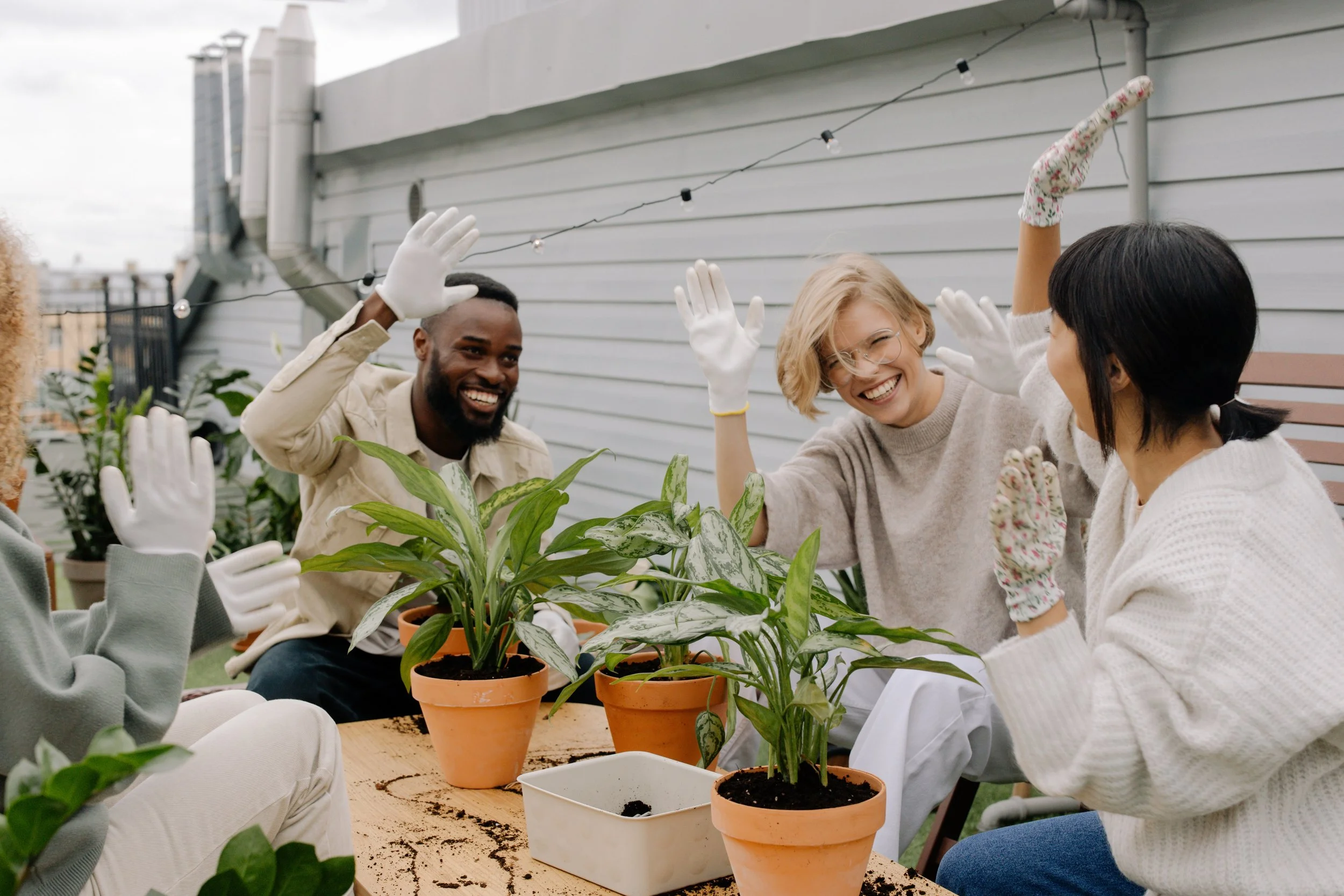 Group of people smiling and giving high-fives while gardening on a rooftop patio with potted plants.