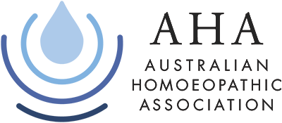 Logo of the Australian Homeopathic Association, featuring a blue water drop with concentric circles, and the text 'AHA Australian Homeopathic Association'.