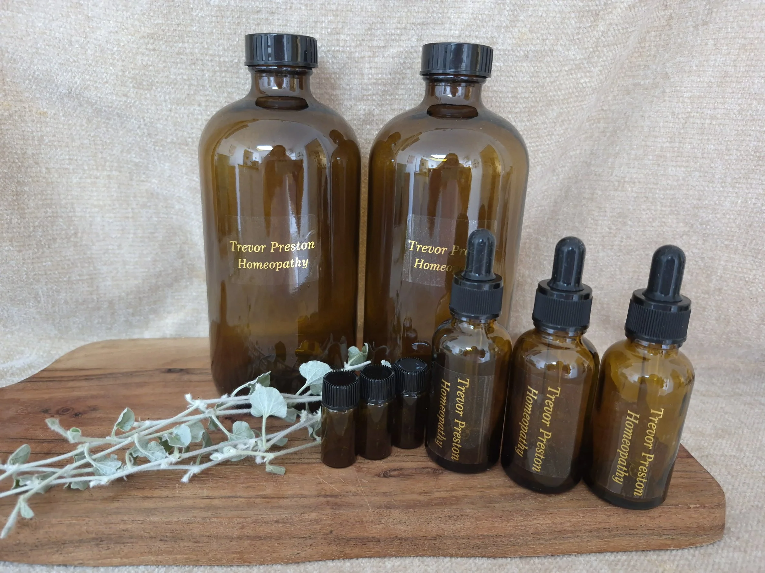 Two amber glass bottles labeled 'Trevor Preston Homeopathy' and several small dropper bottles, with a sprig of white-gray leaves in front, on a wooden surface against a beige textured background.