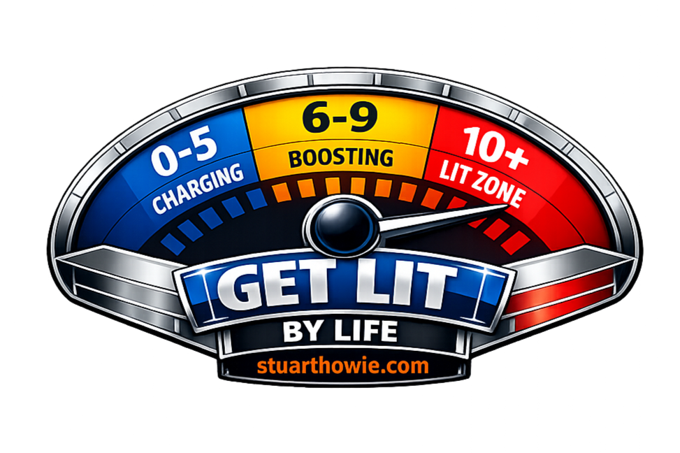 Gauge, with a needle, that says Get Lit By Life, and gives 3 zones, charing, boosting and lit zone with points. At the bottom is a tagline that says stuarthowie.com