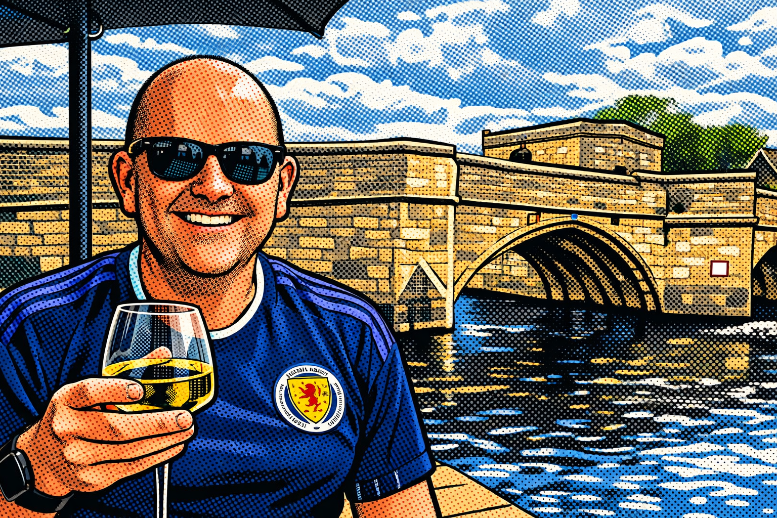 A man with sunglasses smiling and holding a glass of white wine, sitting outdoors near a body of water with a historic stone bridge and buildings in the background, depicted in a comic book style with halftone dots.