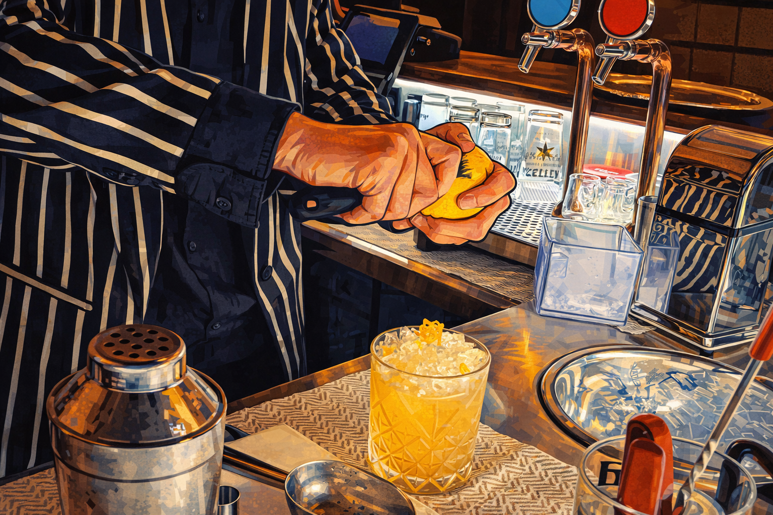 Person in a black and white striped shirt squeezing a yellow citrus fruit with a handheld juicer at a bar or restaurant counter. A glass of orange juice with ice is on the table. Bar tools, a napkin dispenser, and glasses are also on the counter.