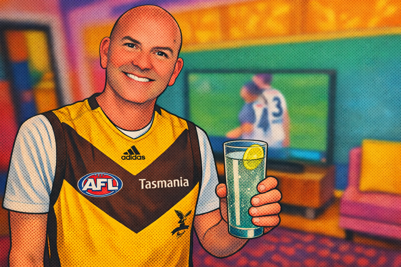 Bald man wearing a brown and gold Hawthorn football club short sleeve top holds a glass of sparkling water with a slice of lemon looks straight on. He is smiling and there's a TV in the background with a football game being televised.