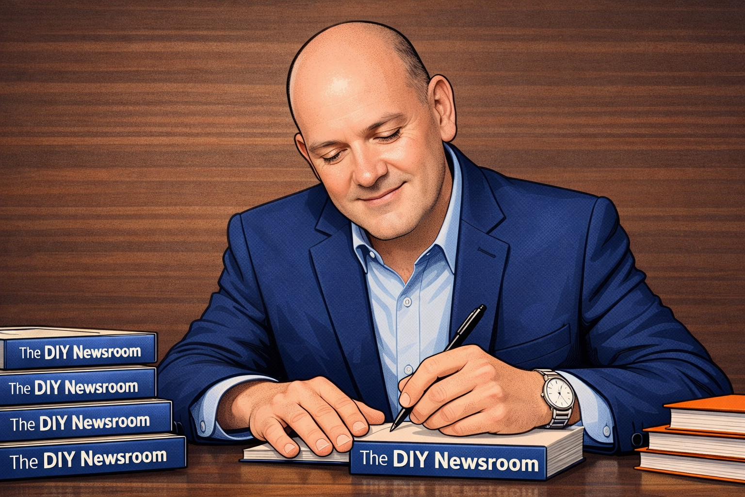A bald man in a blue suit and white shirt is sitting at a desk, signing a book titled "The DIY Newsroom." There are four copies of the same book stacked nearby and additional books on the right side of the desk.